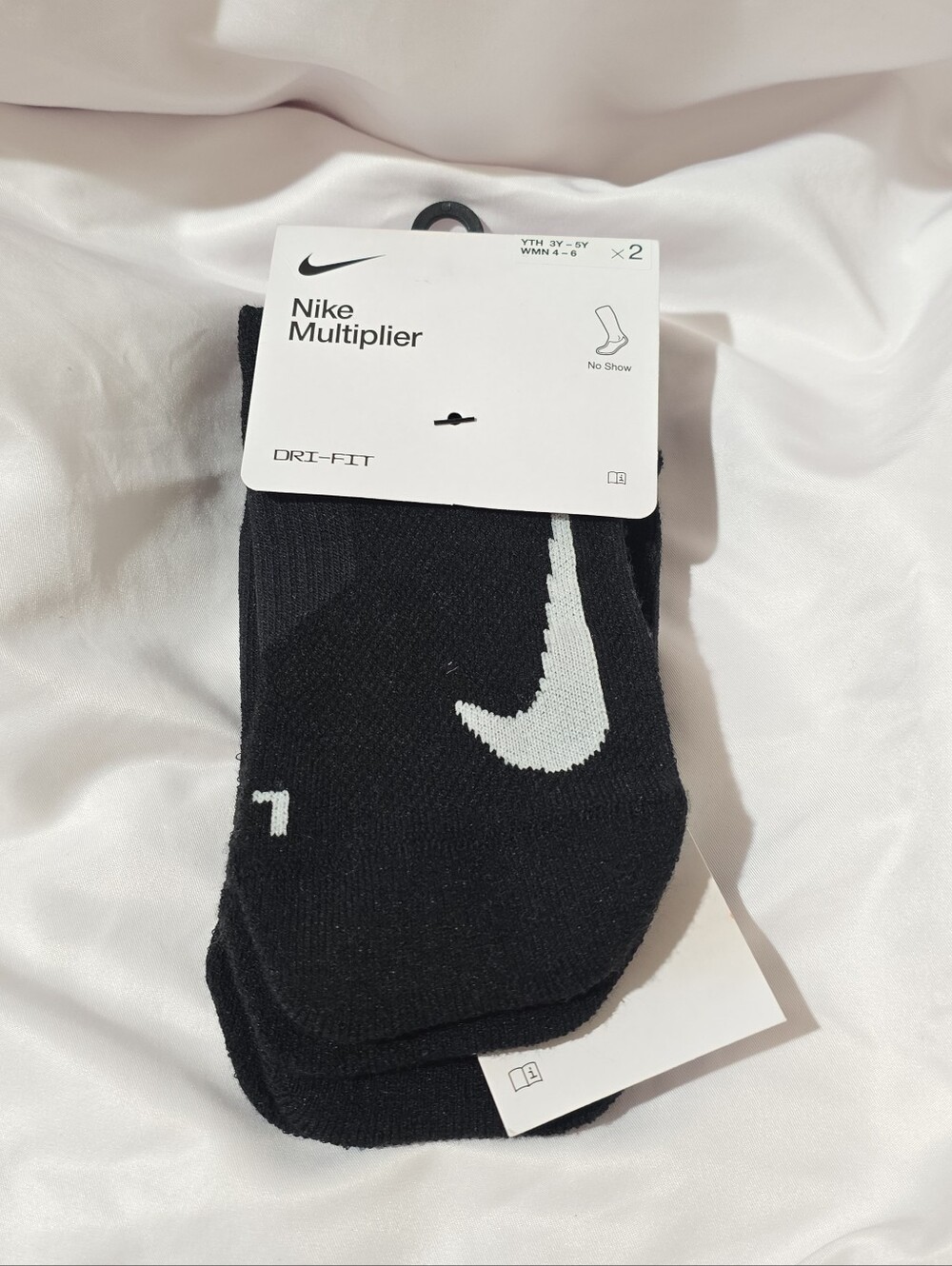 NWT Nike Multiplier Dri-fit No Show 2 Pair Socks Black Youth 3Y-5Y Wmn 4-6 Black